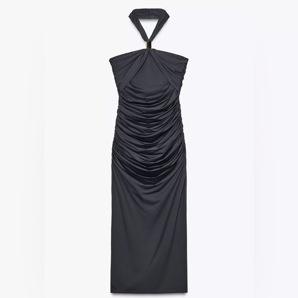 ZARA Halter Ruched Dress With Metallic Appliqué S NWT